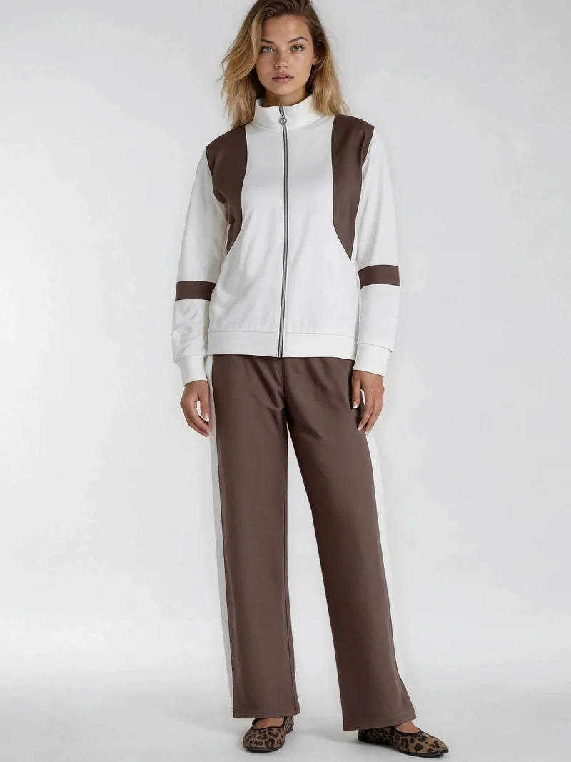 HICCUP Modal Touch Color Blocked Zipper Collar Wide Leg Two-Piece Set Bersan Collection